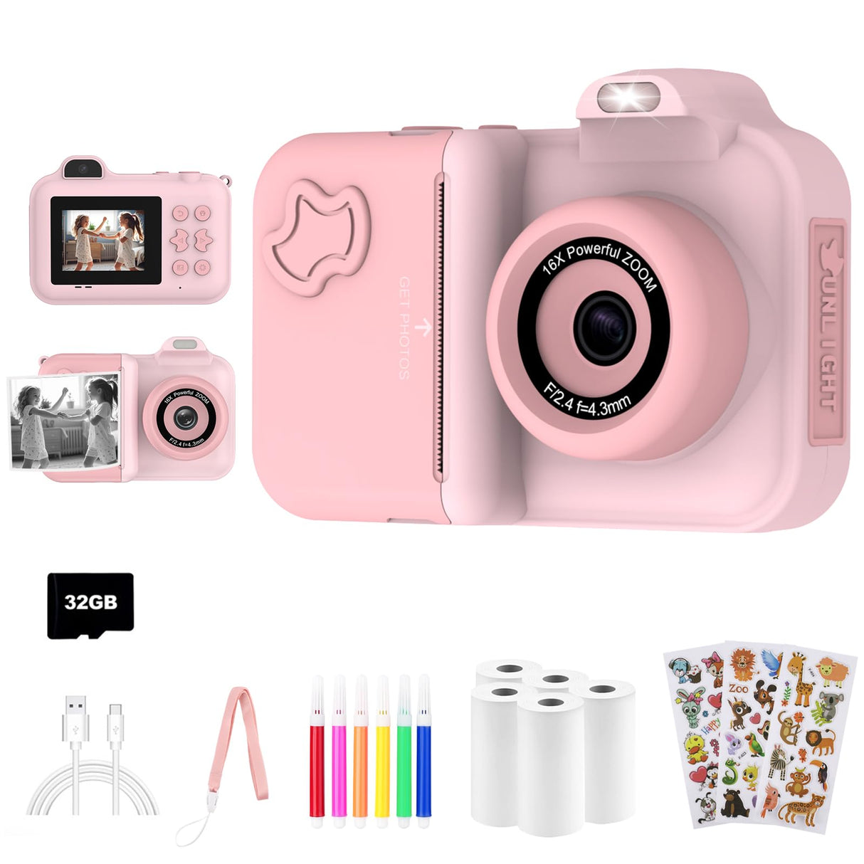 Kids Camera Instant Print, Christmas Birthday Gifts Toys for Girls Boys Age 4 5 6 7 8 9 10 11 12 Years Old,1080P HD Dual Lens Selfie Digital Camera with 5 Rolls Print Paper Stickers Pens 32G Card