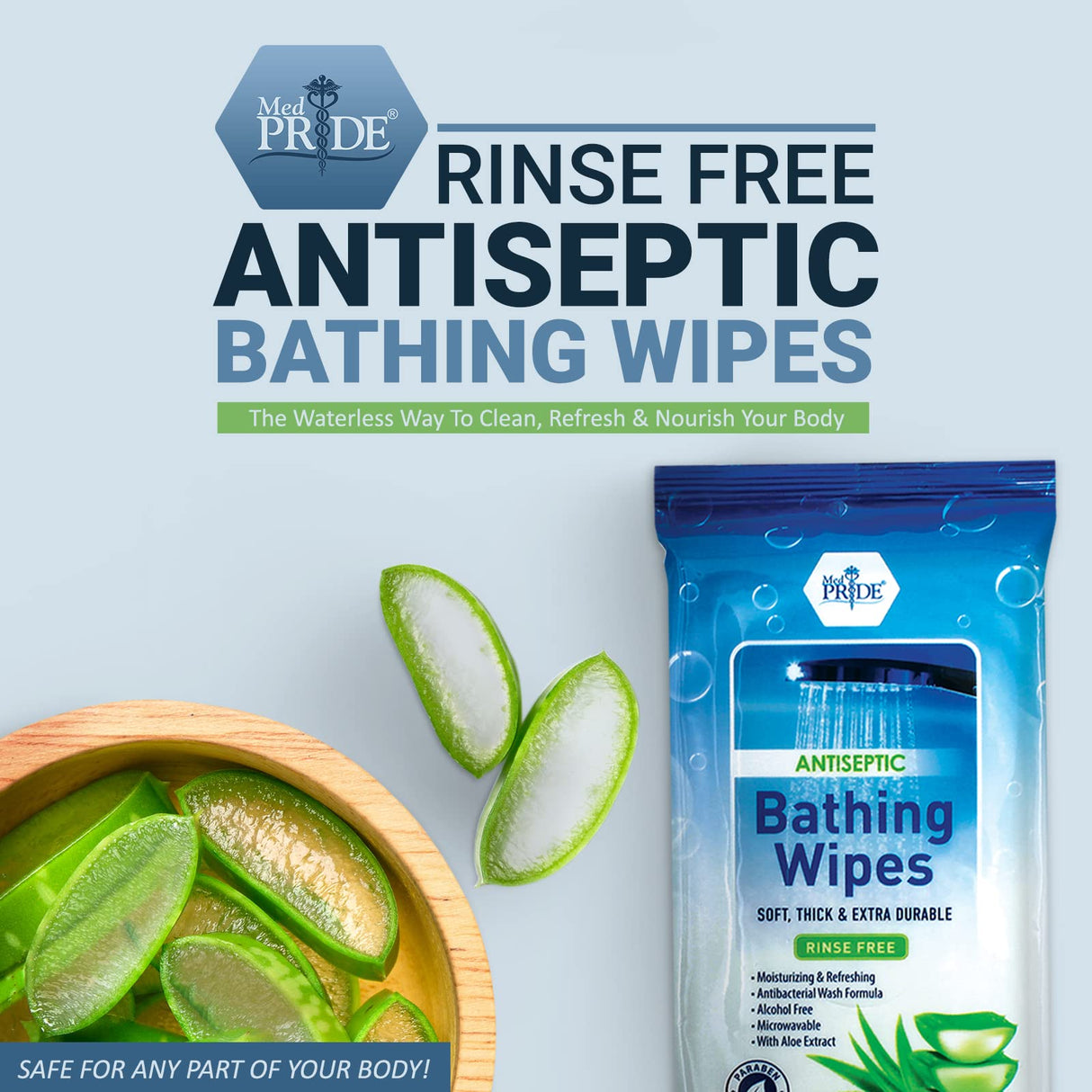 MED PRIDE Hospital Adult No Rinse Bath Wipes for Women, Thick Microwavable Disposable Wipes with Aloe Vera, 96 Count (12 Packs)