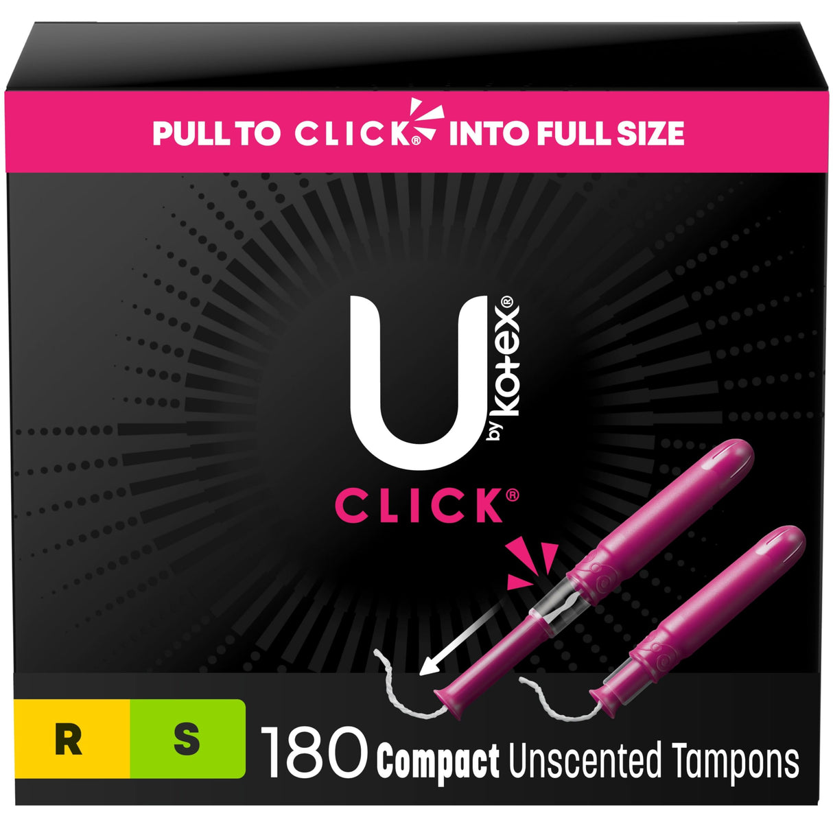 U by Kotex Click Multipack Tampons, Compact, Regular/Super Absorbency, Unscented, 180 Count (6 Packs of 30) (Packaging May Vary)