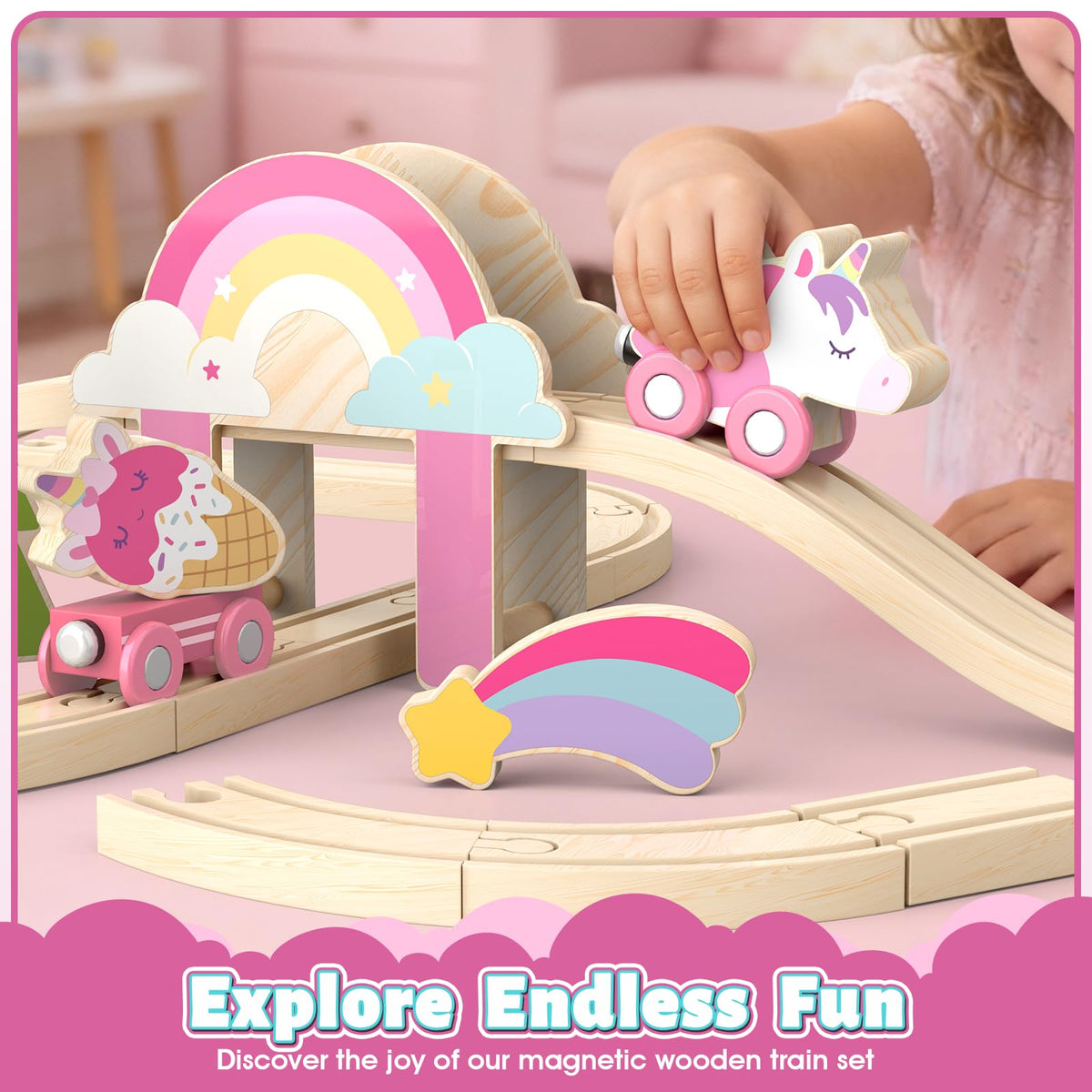 Lehoo Castle Wooden Train Set for Girls, Pink Unicorn Train Set