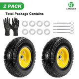 LTNICER 10" Solid Rubber Tires and Yellow Wheels 4.10/3.50-4 (10 x 3.5) Flat Free Tire with 5/8" Bearings,Heavy-Duty Replacement Tire For Gorilla Carts,Wagon,Wheelbarrow,Garden cart(2 Pack)