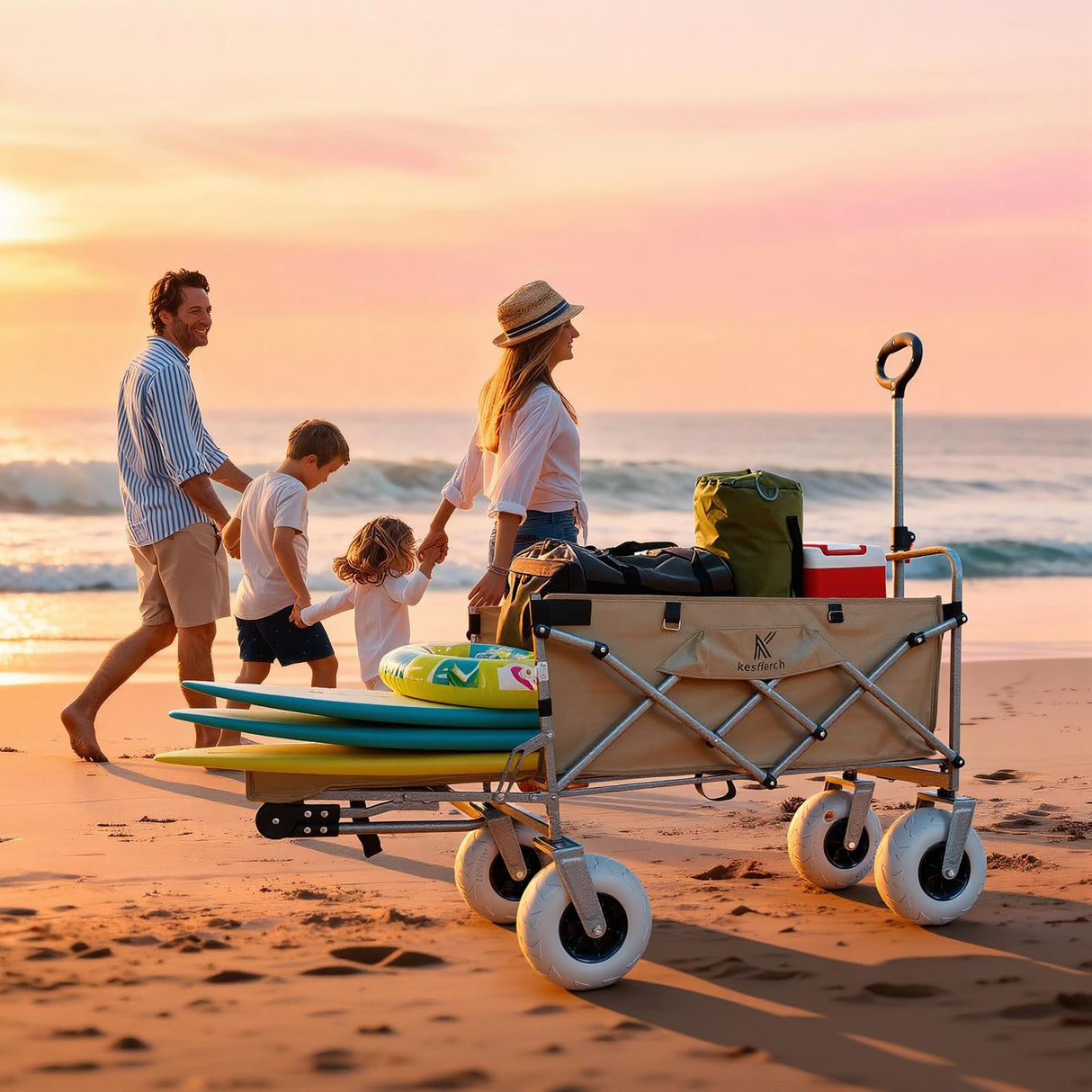 Kesfferch Beach Wagon with Big Wheels for Sand – 10" Balloon Tires & 450lb Heavy Duty Foldable Cart | Removable All-Terrain Design for Camping, Garden, Beach & Groceries