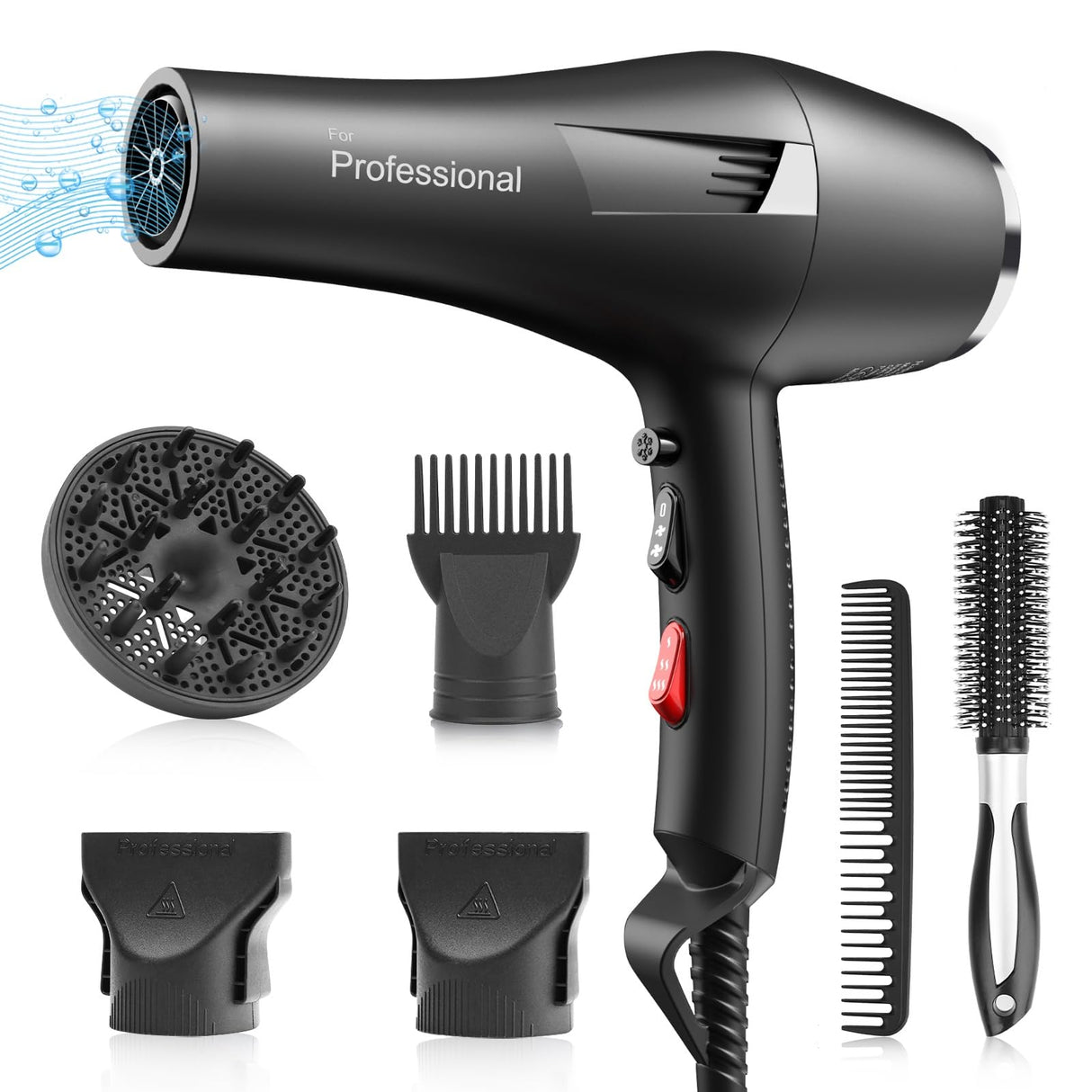 Faszin Ionic Salon Hair Dryer, Professional Blow Dryer AC Motor Fast Drying with 2 Speed, 3 Heat Setting, Cool Button, with Diffuser, Nozzle, Concentrator Comb for Curly & Straight Hair-Black