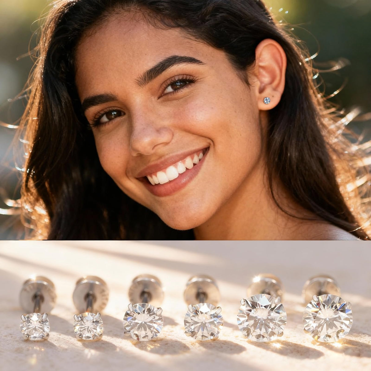 Limerencia Moissanite Stud Earrings, 3 Pairs Titanium Screw Back Earrings