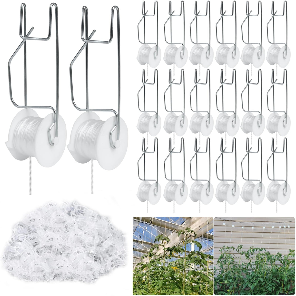 Hidbot Tomato Support Hooks with String 20 Pcs,100 Pcs Plant Support Clips for Climbing Plants,Tomato Trellis Roller Hooks with 49.2FT String,Reusable Grape Vine Clips to Prevent Tomatoes