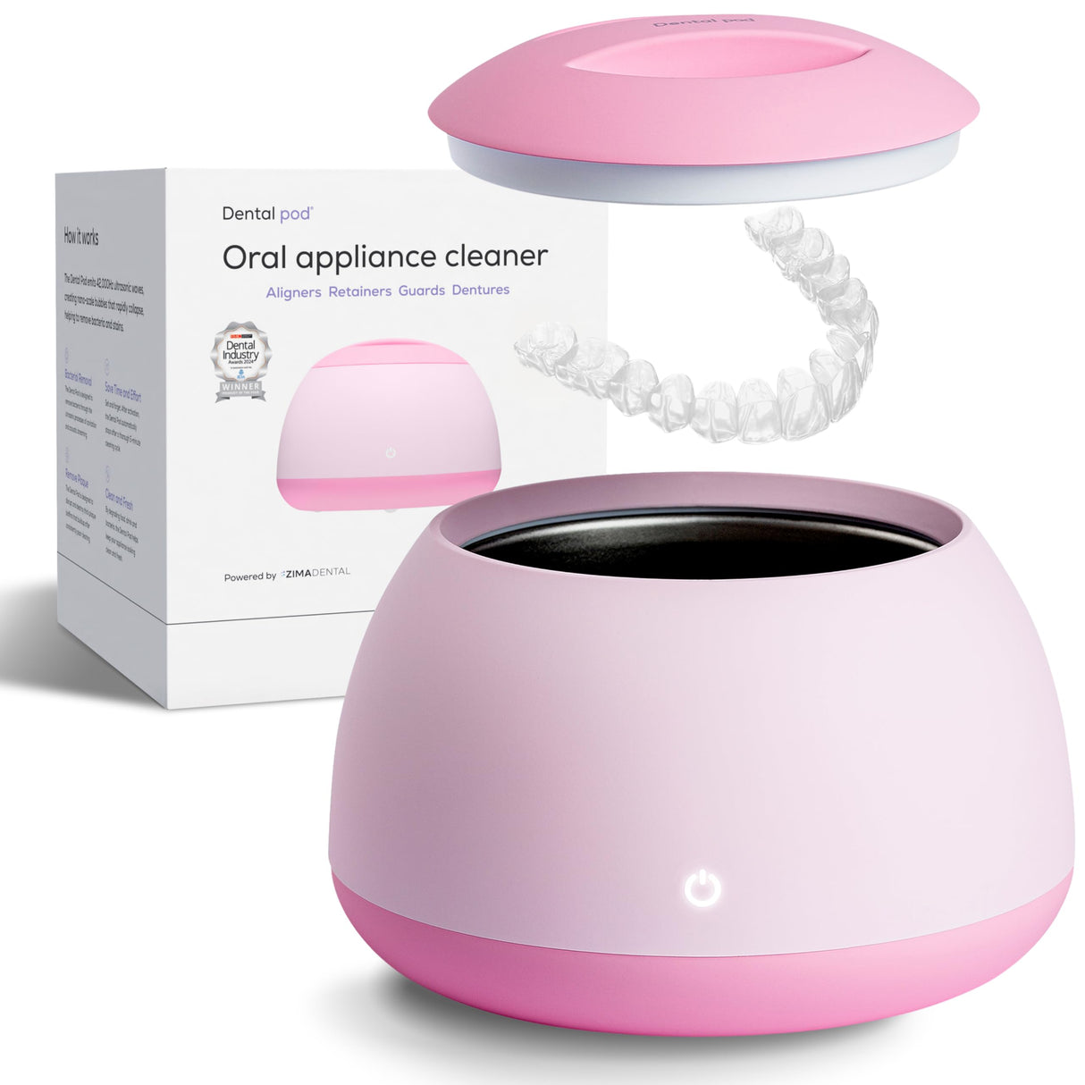 Zima Dental Pod | Rose Pink | Ultrasonic Retainer Cleaner Machine | Aligner, Nightguard, Mouth Guard, Denture Cleaner | Oral Dental Care FSA HSA Approved