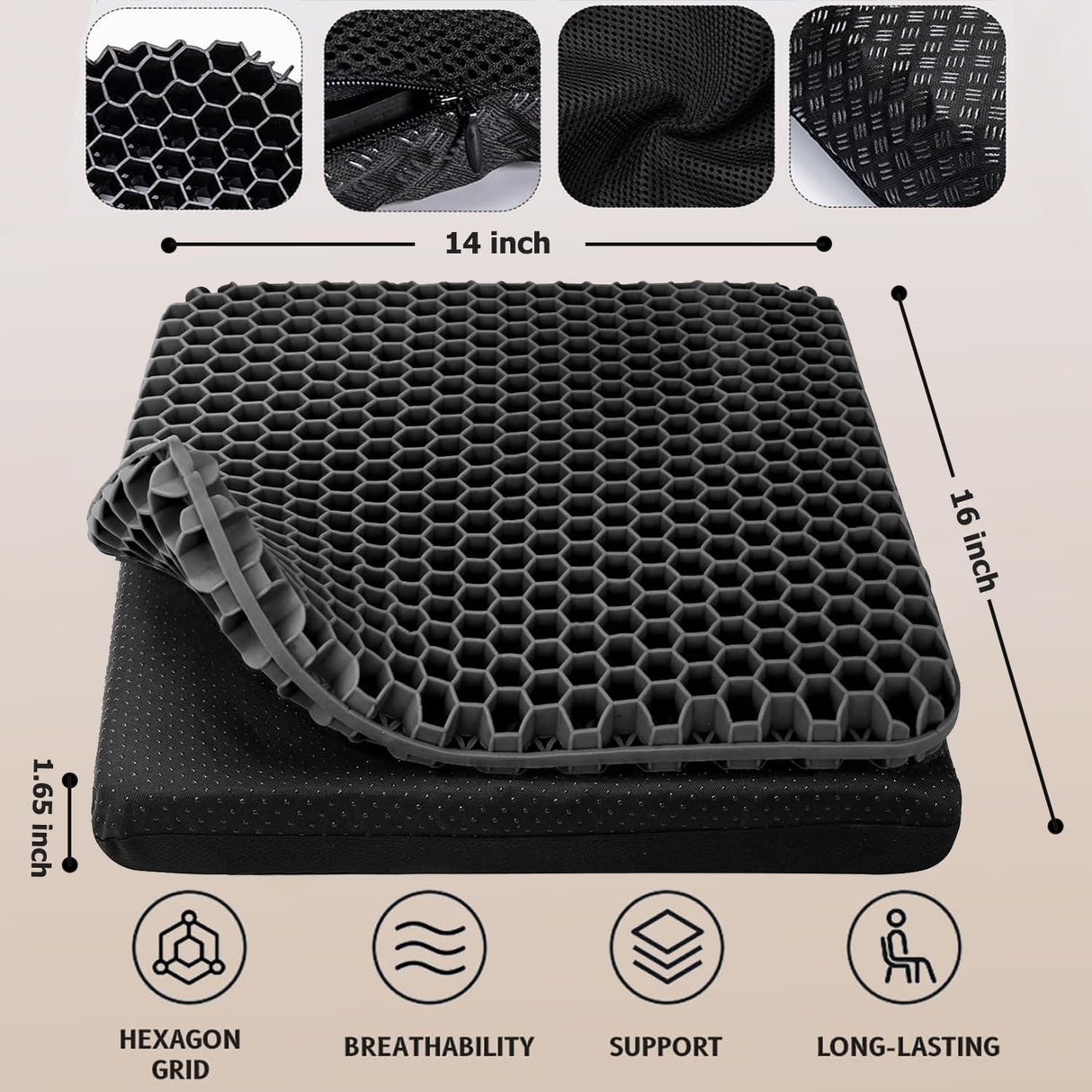 Gel Seat Cushion, Double Thick Egg Gel Cushion for Pressure Pain Relief, Breathable Wheelchair Cushion Chair Pads for Car Seat Office Chair (Black)