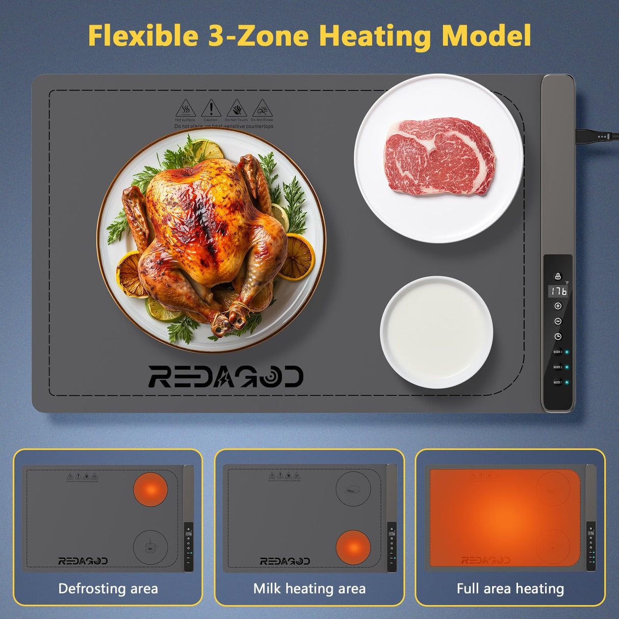 Food Warming Mat with 3-Zone Heating Mode, Redagod Electric Warming Tray with 9 Temperature & 8 Timer Settings, Hook and Roll Up Storage, Portable Countertop Food Heating Mat for Home Daily Use, Gray