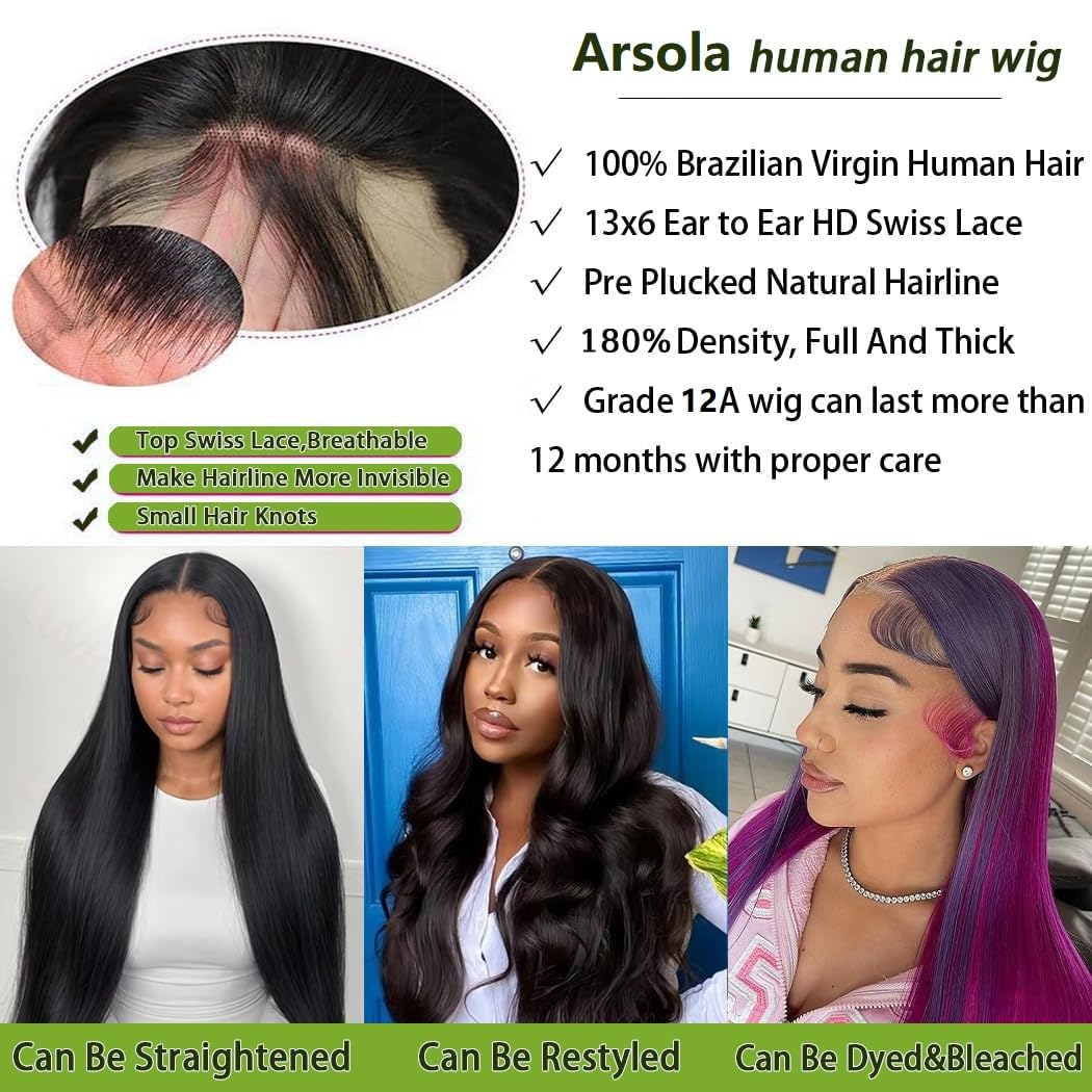 Arsola 30 Inch 13x6 Lace Front Wigs Human Hair 180 Density Straight Human Hair Wigs Pre Plucked 13x6 HD Frontal Lace Straight Glueless Wigs For Women