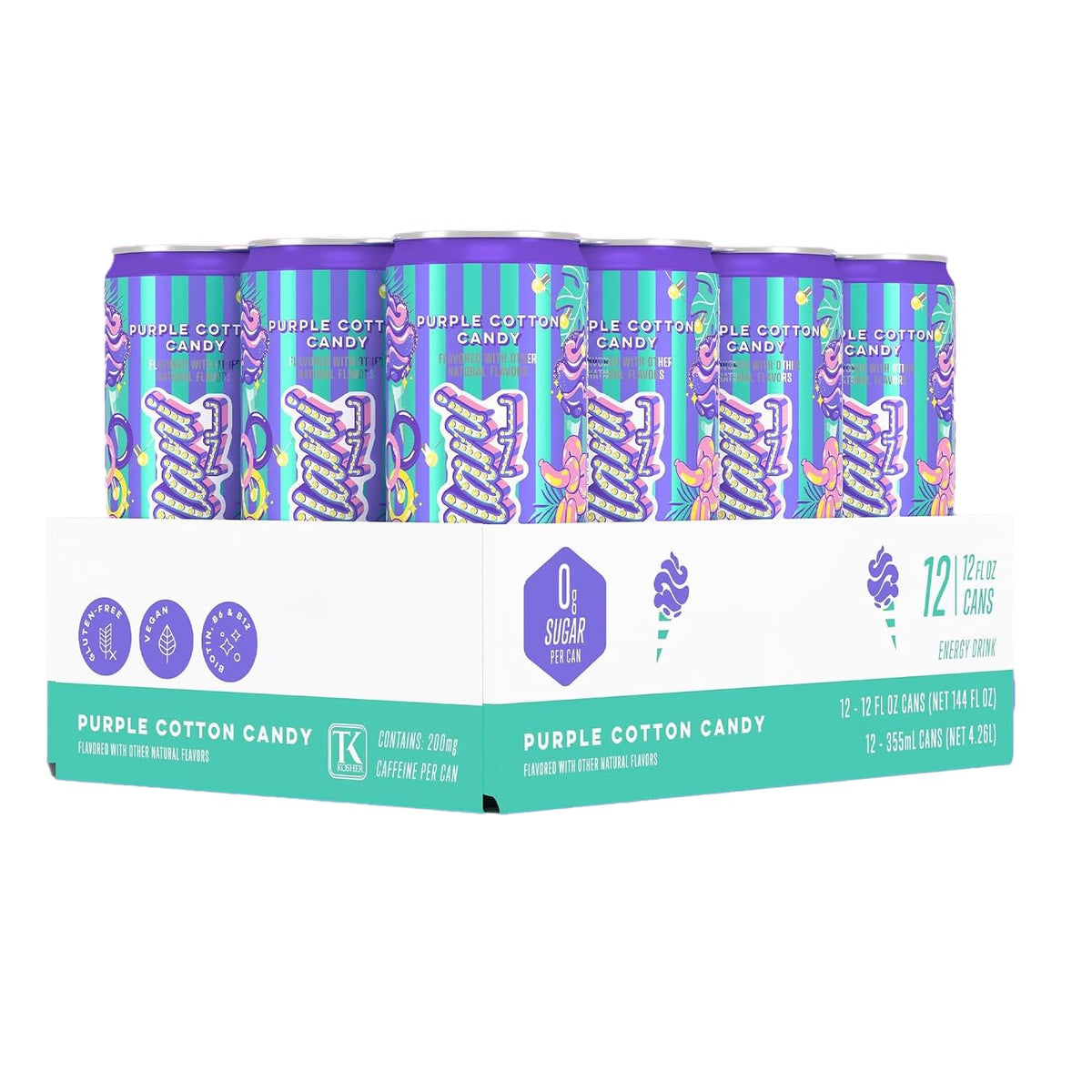 Alani Purple Cotton Candy Energy Drink Sugar Free, Low Calorie Energy Drinks, 12 Fl Oz Cans