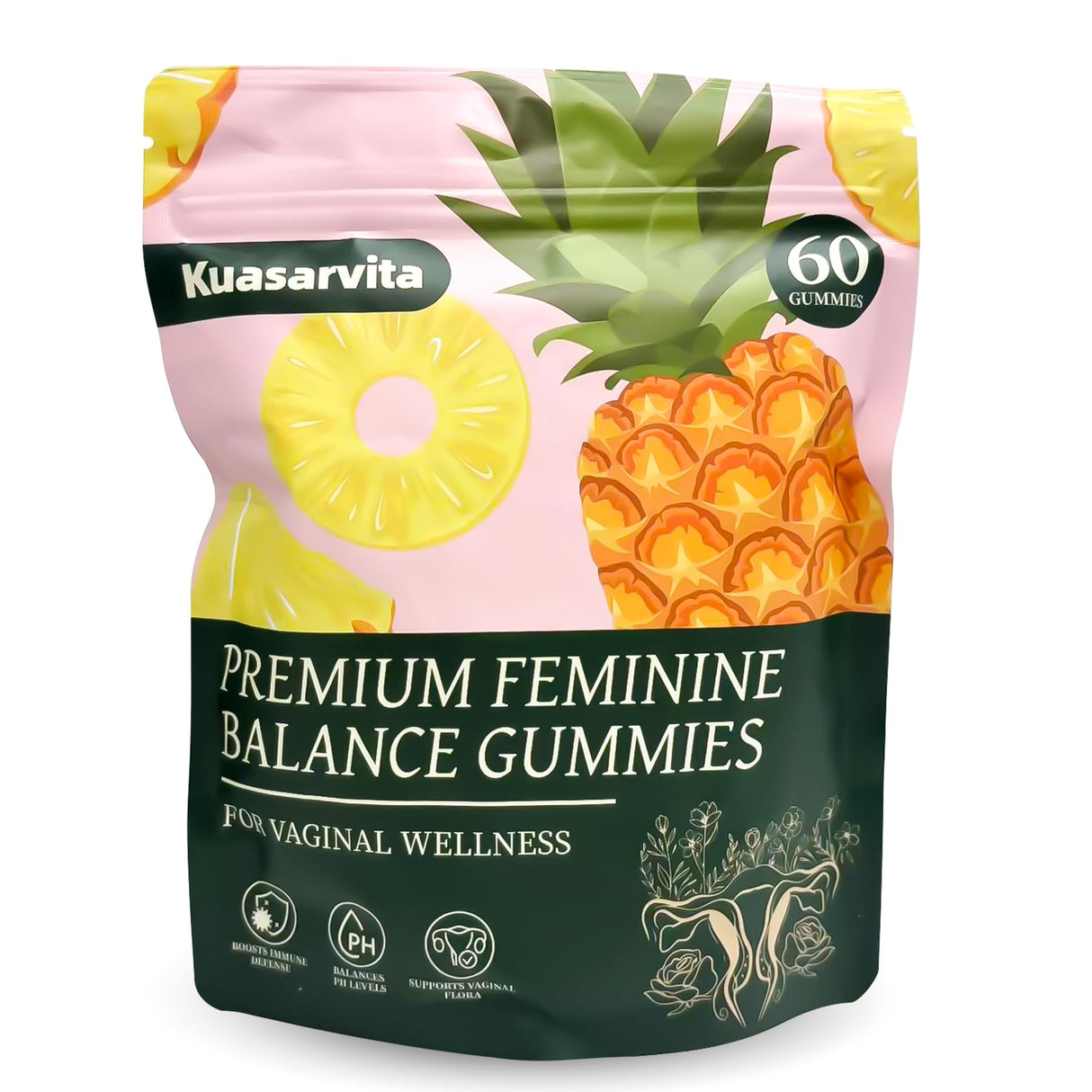 Kuasarvita Premium Vaginal Probiotics Gummies | Menstrual Relief | Feminine Care for Woman Balance pH | Hawaiian Pineapple Flavor | Sugar Free | 60 Gummies