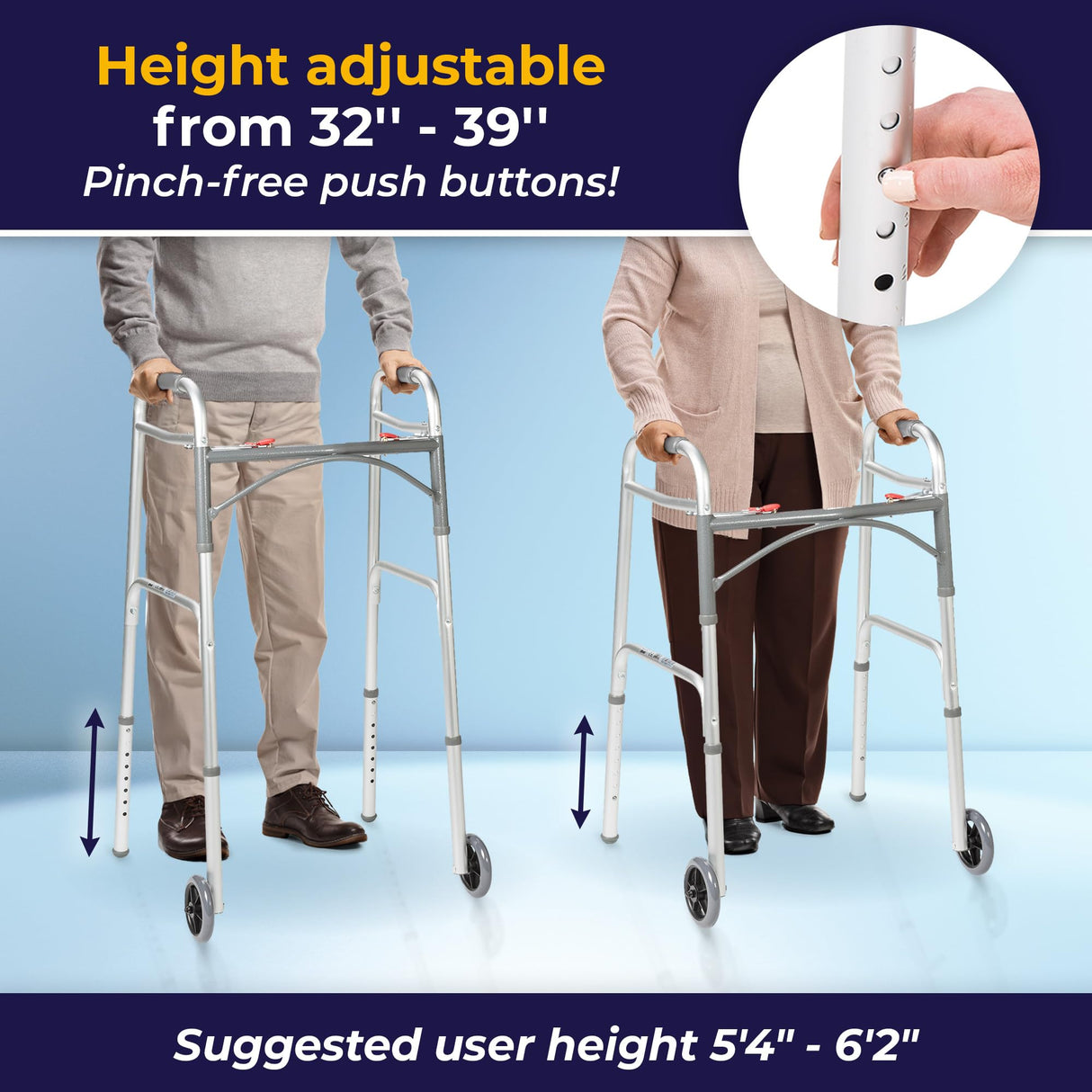 Drive Medical 10210-1 2-Button Folding Walker with Wheels, Rolling Walker, Front Wheel Walker, Lightweight Walkers for Seniors and Adults Weighing Up To 350 Pounds, Adjustable Height, Silver