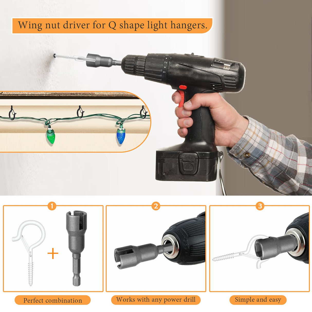 GIPTIME 50PCS Windproof Screw Q-Hanger Hooks with Safety Buckle for Hanging Outdoor String Lights, Plants, Christmas Decorations, Includes Wing Nut Driver, White