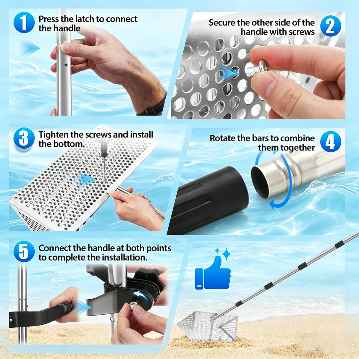 Sand Flea Rake Stainless Steel Beach Sand Sifter with Sharp Digging Teeth, 56" Split Long Handle 16 Inch Large Basket Sand Crab Rake for Collect Sand Fleas, Shells, Shark Teeth & Fishing Live Bait