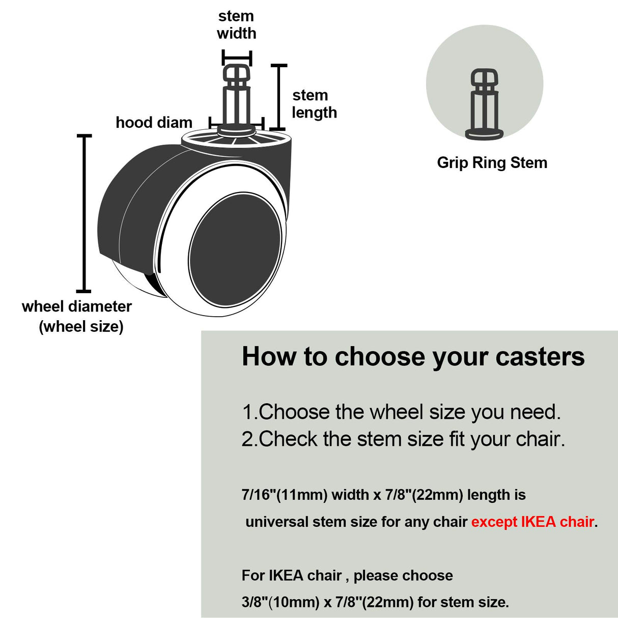 PChero Office Chair Wheels Replacement for IKEA Chairs, 10mm Stem (Set of 5), 2" Heavy Duty Swivel Polyurethane Casters for IKEA Chair Furniture Accessories, Protection for Hardwood Floors Carpet