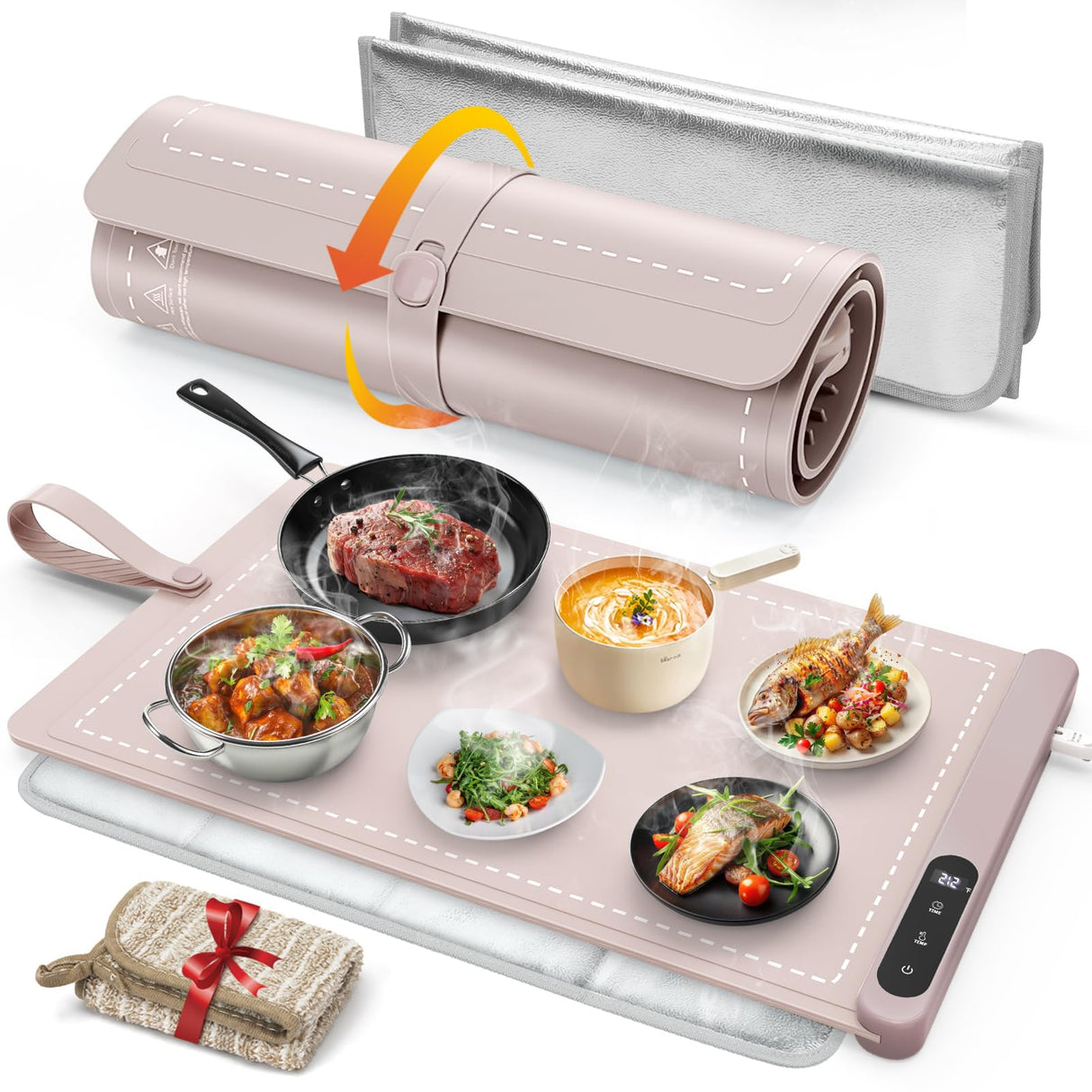 FYY Warming Mat for Food with Heat Resistant Pad, Prevent Countertop Cracks, Keep Meal Warm, Rapid and Full Surface Heating, 6 Temp Settings, 6H Timer, Upgraded Rollable Portable Food Warmer Mat Pink