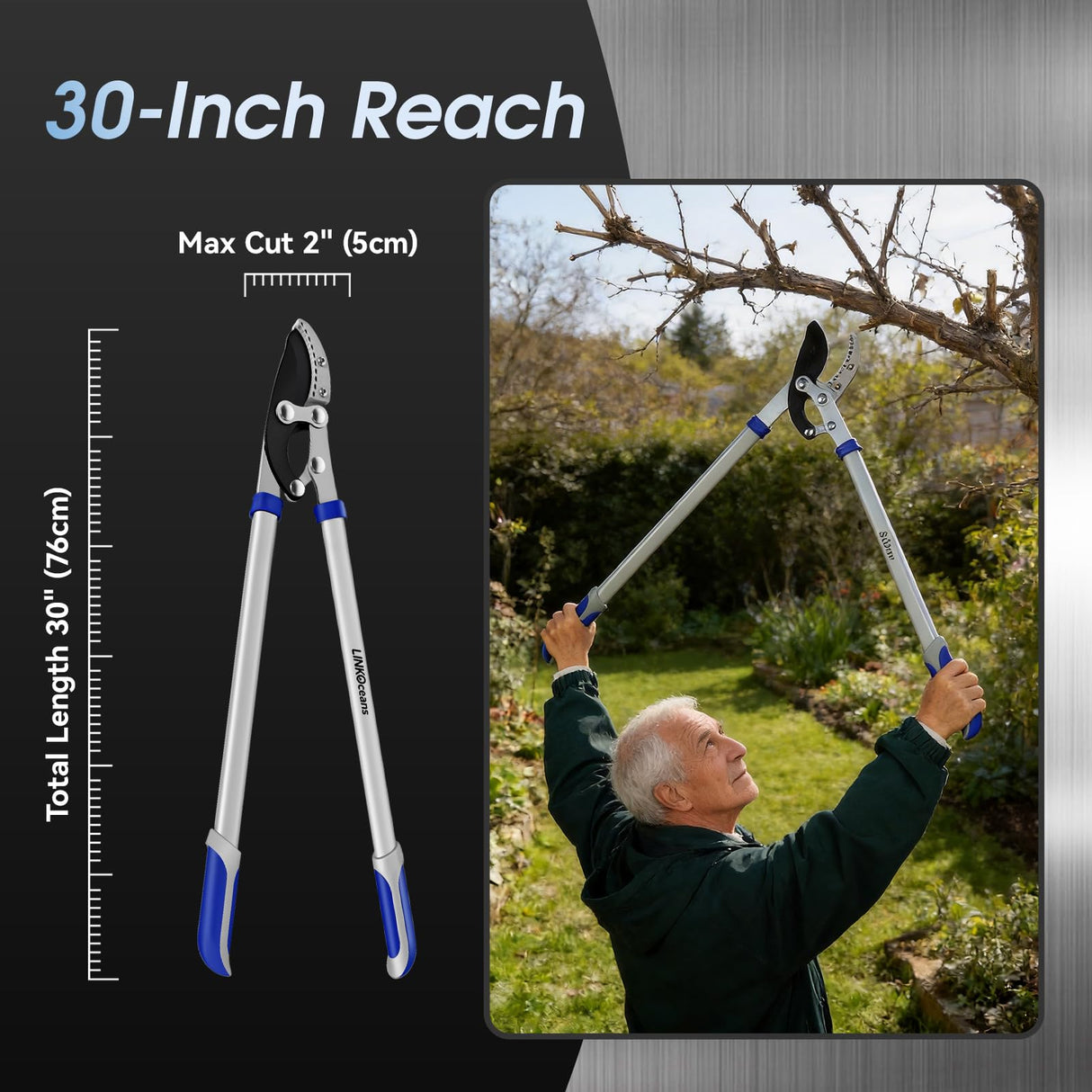 LINKOceans Loppers for Tree Trimming with Compound Action, 30 Inch Tree Trimmer, Thick Branch Cutter with ⌀ 2 Inch Cutting Capacity, Chops Thick Branches with Ease