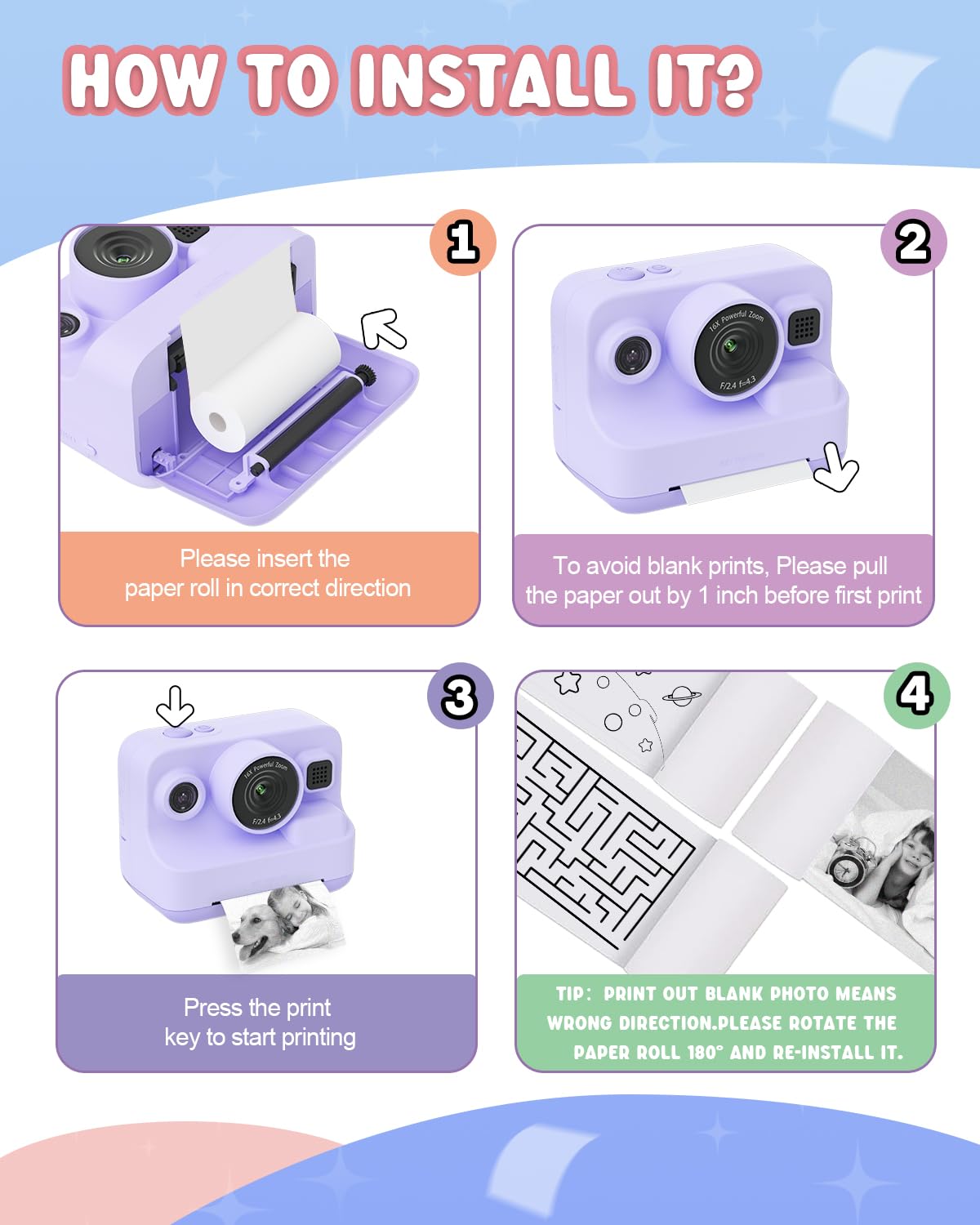 Dylanto Instant Print Camera for Kids,2.4 Inch Screen Kids Instant Cameras, Christmas Birthday Gifts for Girls Age 3-12, Portable Toddler Toy for 3 4 5 6 7 8 9 10 Year Old Girls Boys Purple