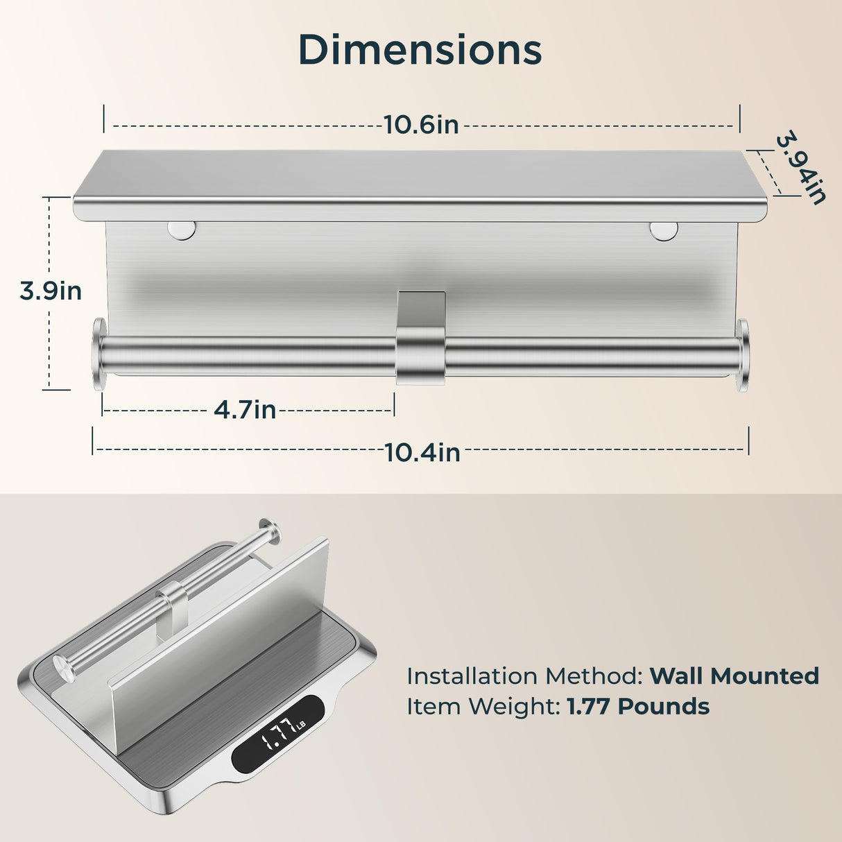 FORIOUS Double Toilet Paper Holder with Shelf, Wall Mount Tissue Roll Holder for Bathroom, 304 Stainless Steel Commercial Toilet Paper Dispensers with Phone Shelf (1, Brushed Nickel)