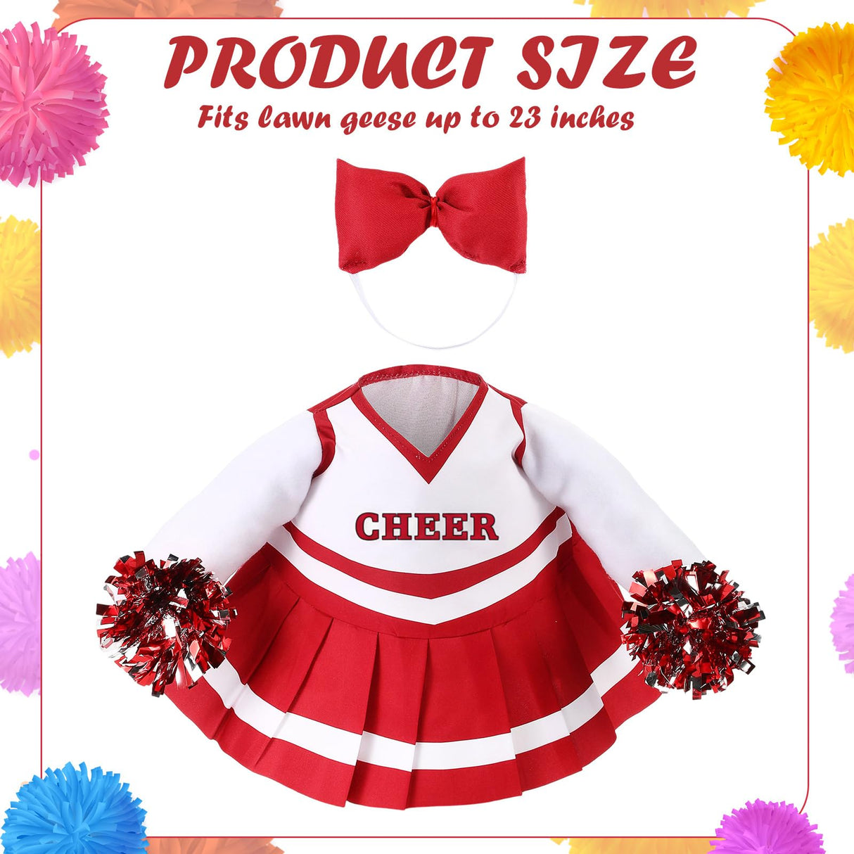 Sunnymove 2 Pcs Cheerleader Porch Goose Outfit Classroom Clothes Cheerleading Costume with Pom Poms and Bow for 23" Lawn Cement Goose Halloween Garden Yard Outdoor Classroom Decorations (Red)