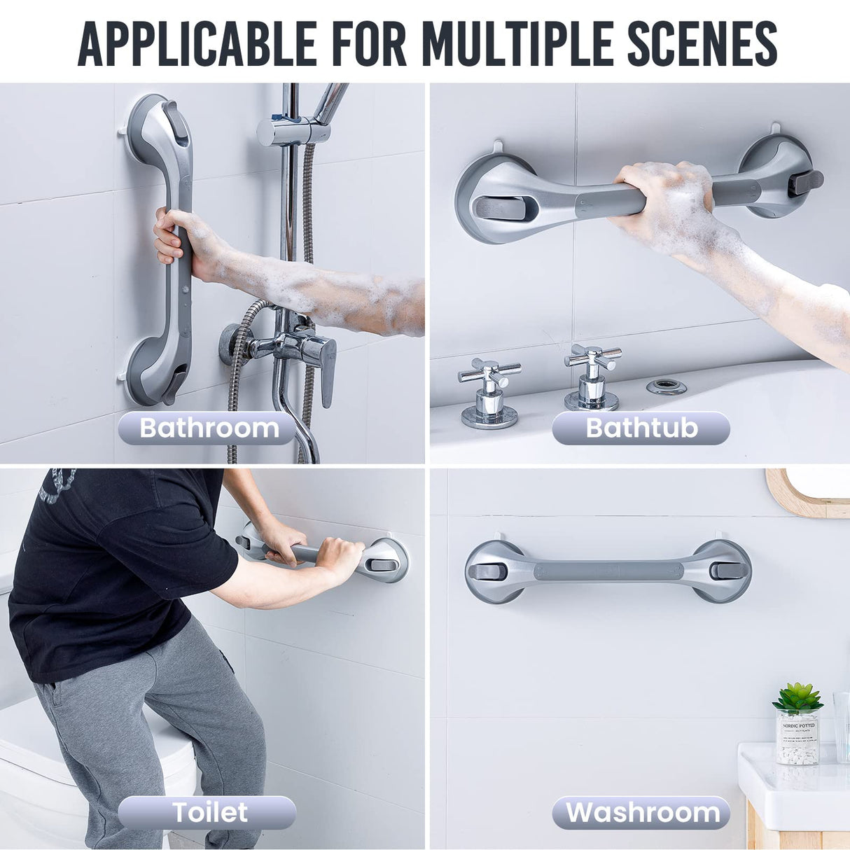 TAILI Shower Grab Bar 2 Pack 16 Inch Suction Grab Bars for Bathtubs & Showers, Heavy Duty Shower Handle Removable Shower Handrails for Elderly and Seniors, No Drilling Waterproof, Silver
