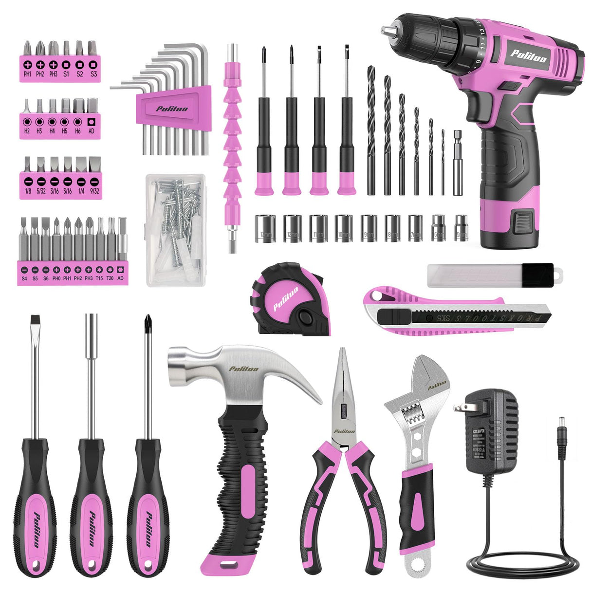 PULITUO Drill Set, 149-Piece Home Tool Set with 12V Pink Cordless Drill, Tool Box, Hand Tool Kits for Women & Men and DIY Enthusiasts, for Home Improvement