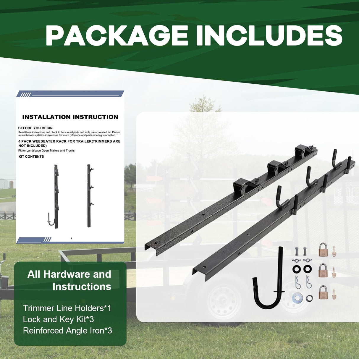 ELITEWILL Weed Eater Rack for Trailer, 3 Place Open Trailer Trimmer Rack Weedeater Rack Holder for Landscape Truck with 3 Individual Locks Lawn Equipment Organization Storage Accessories