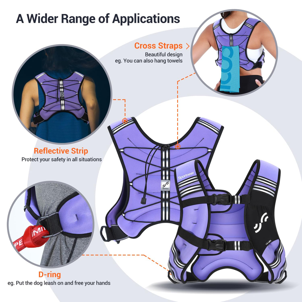 Weighted Vest for Men and Women: Sportneer 15lbs Weight Vest with Reflective Stripe Running Vest with Pocket for Workout Strength Training Fitness Muscle Building Weight Loss Weightlifting Purple