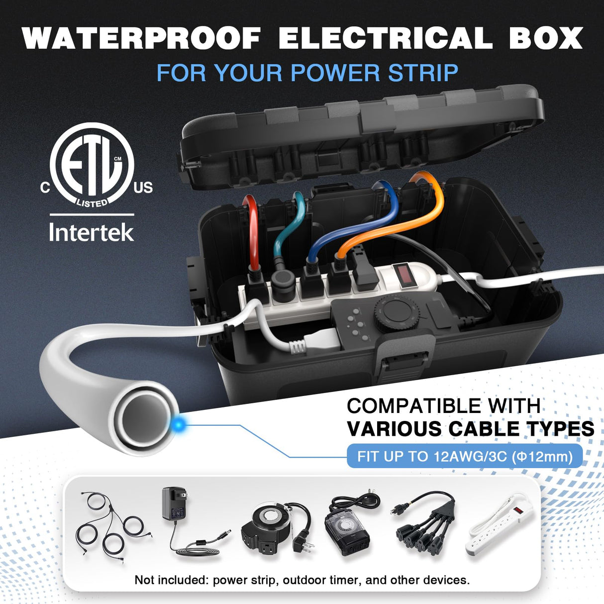 Flemoon Large Outdoor Electrical Box (12.5 x 8.5 x 5 inch), IP54 Waterproof Extension Cord Cover Weatherproof, Protect Outlet, Plug, Socket, Timer, Power Strip, Holiday Light Decoration, Black