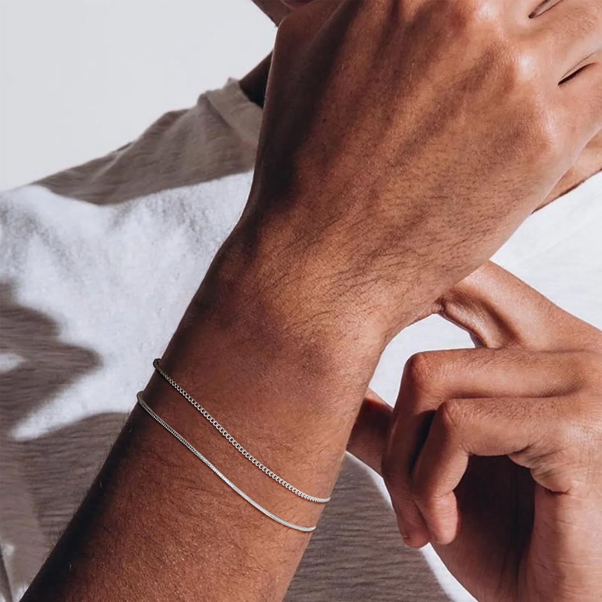 Silver Bracelets for Men, Stackable Fashion Cuban Snake Chain Set, 7 Inch