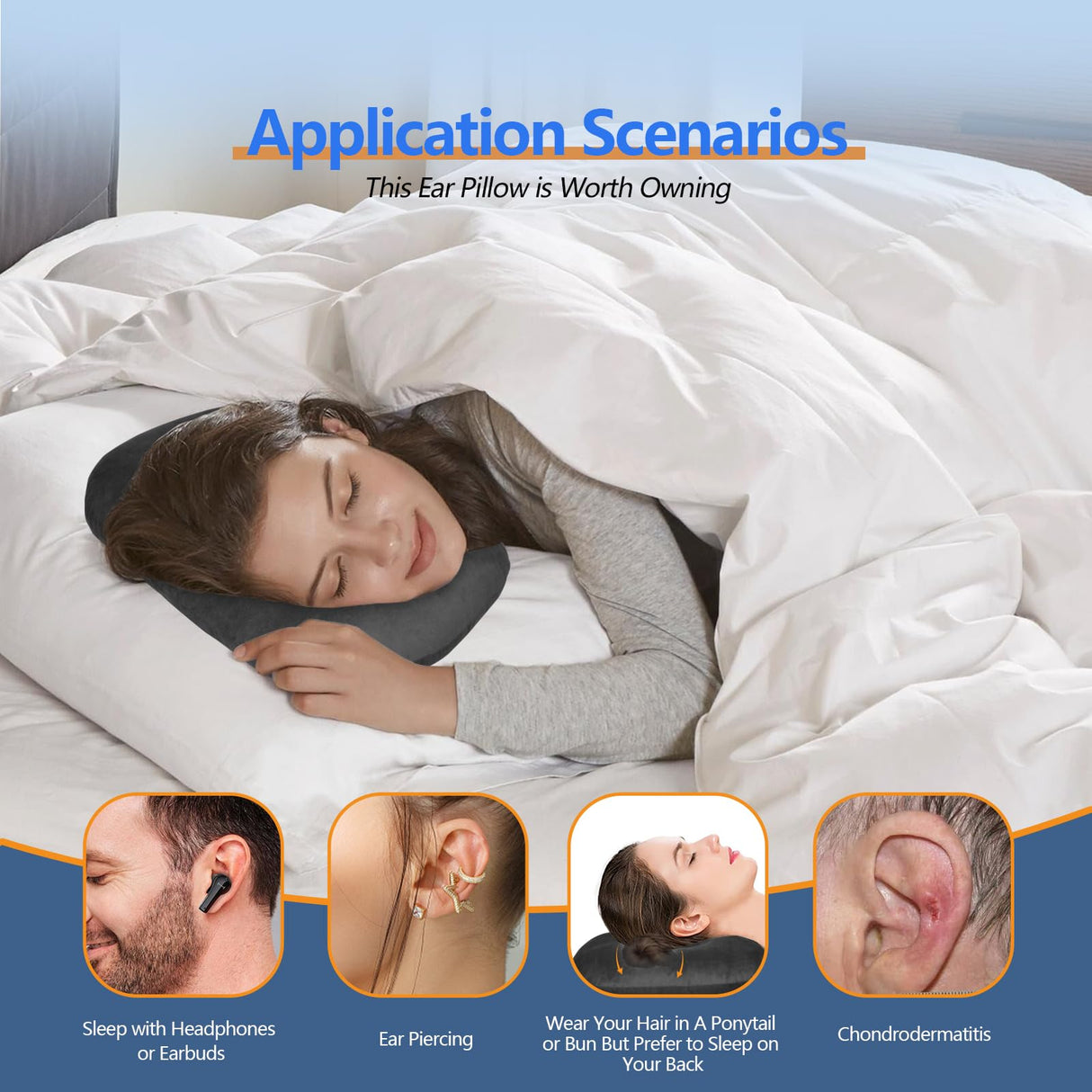 Ear Piercing Hole Pillows Side Sleeper Pillow with an Ear Hole for CNH Side Sleepers and Ear Inflammation Pressure Sores, Adjustable Cotton and Polyester Curved Side Pillow, Black Velvet