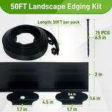 Quibbay 2 Inch x 50FT Landscape Edging Border with 75 Anchoring Spikes, No Dig Garden Border Edging Kit, Plastic Lawn Edging Border for Landscaping Garden Flower Beds Lawn Yard Paver Pathway, Black