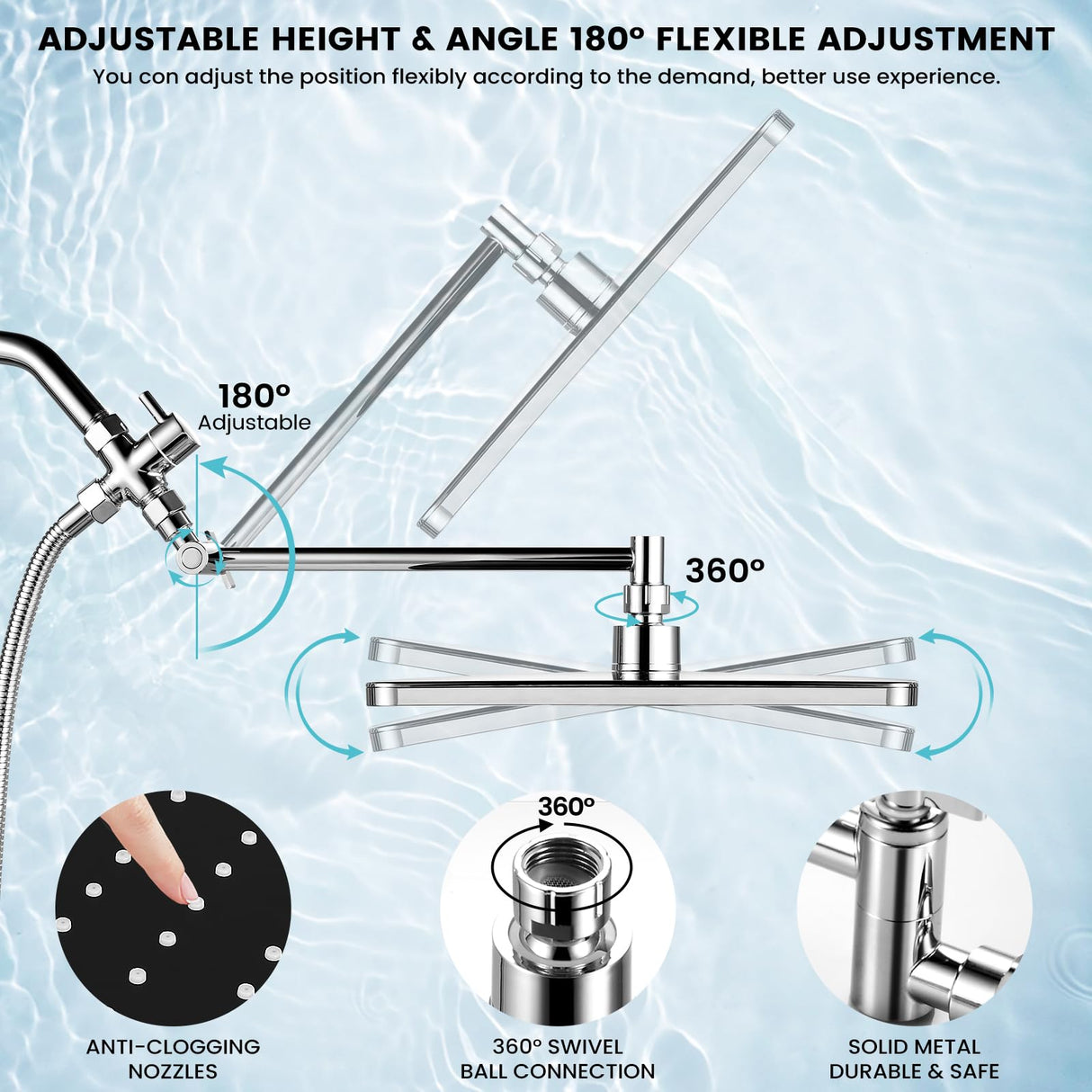 RNDIOZD Shower Head with Handheld,11.8 Inch Large Rectangular Rain Shower Head with 5 Modes Handheld Spray Combo,Adjustable Double Shower Heads with Holder and 11'' Extension Arm,Chrome