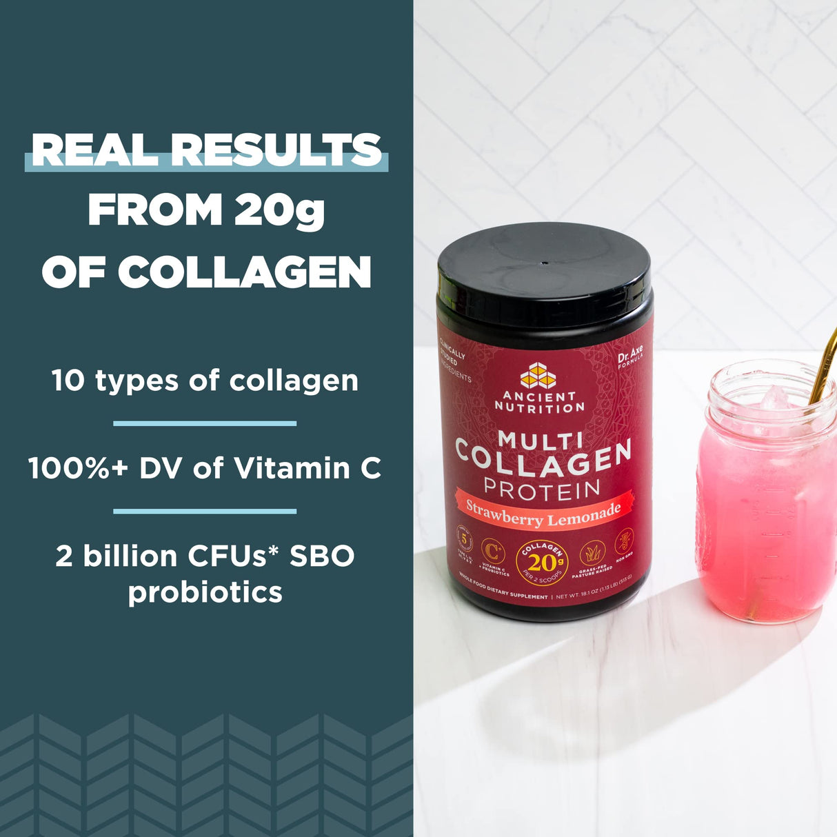 Ancient Nutrition Collagen Peptides Powder, Multi Collagen Protein, Women & Men, Vitamin C, Probiotics, Hydrolyzed Collagen, Supports Skin, Joints, Gut Health, Strawberry Lemonade, 24 Servings