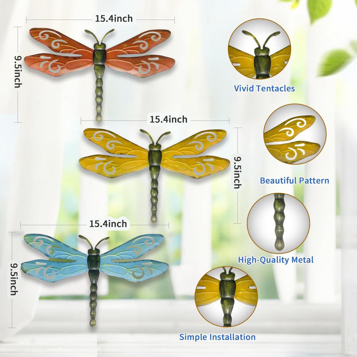 PLASUPPY Metal Dragonfly Wall Decor Outdoor Garden Fence Art Hanging Decorations for Patio, Yard, Indoor Home, Living Room, Bedroom, 3 Pack (Large)