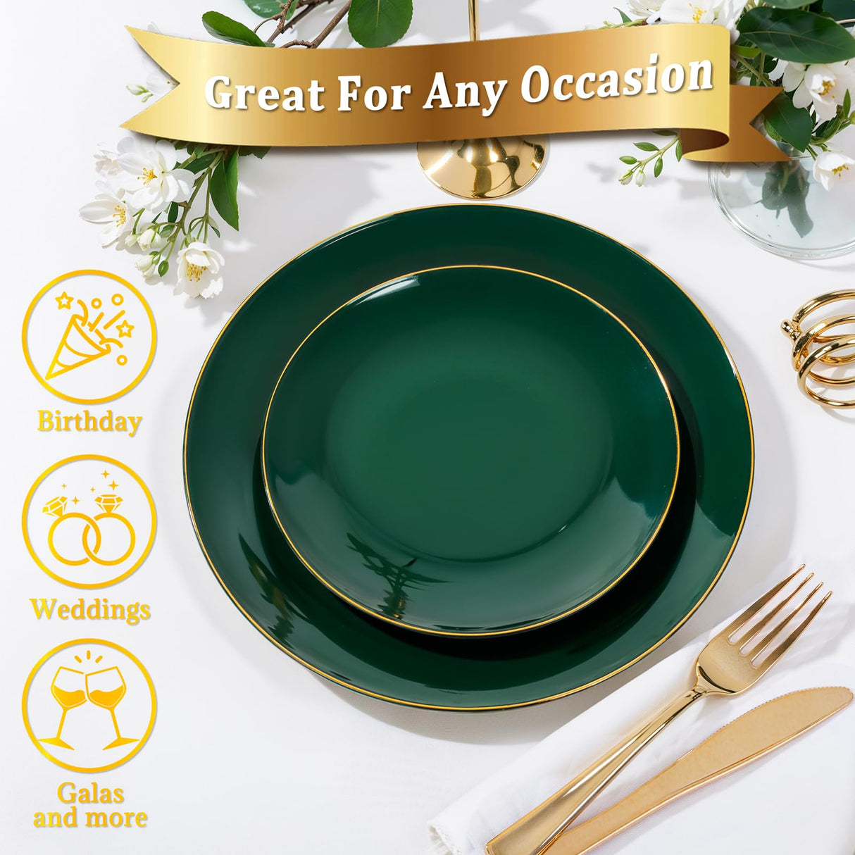 Nervure 100Pcs Green and Gold Plastic Plates - 10.25inch Disposable Green Dinner Plates - Heavy Duty Plastic Plate Ideal for Wedding & Party & Christmas