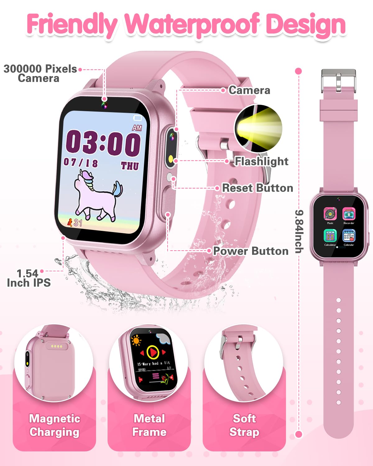 Kids Waterproof Smart Watch Girls Toys Age 6-8, Kids Watch with 32 Games Dual Camera HD TouchScreen Music Habit Tracking Alarm Pedometer Christmas Birthday Gifts Ideas for Girls 3-12 Year Old(Pink)