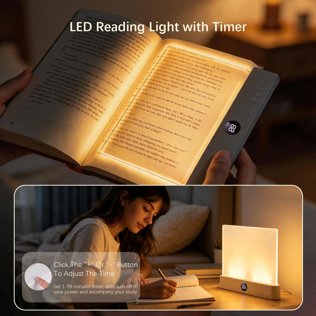 Choudao Tech LED Book Light and Night Light 2 in 1, 3 Color Temperatures & Stepless Dimming, USB Rechargeable Reading Light with Timer for Night Reading (White)