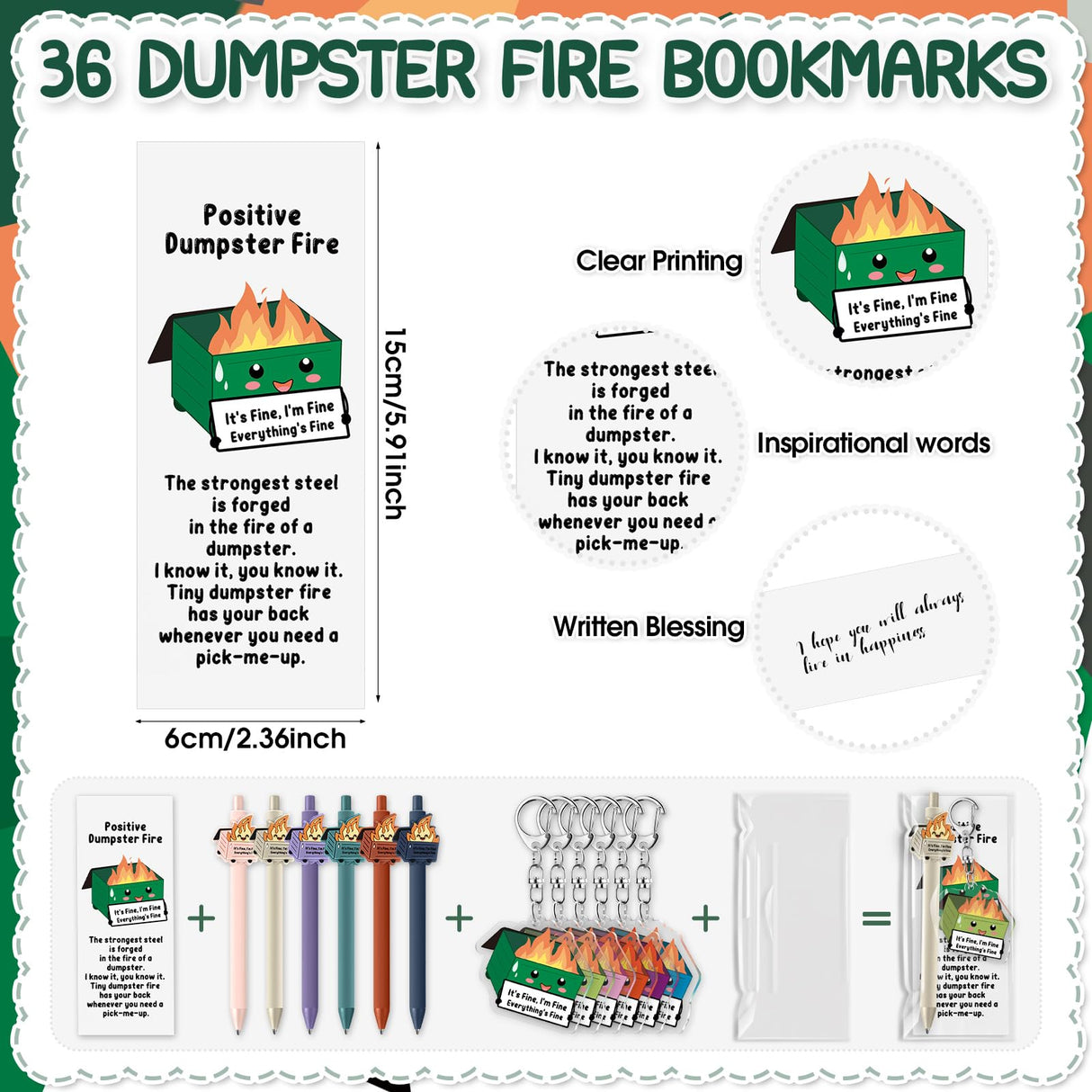 Sayglossy 36 Sets Dumpster Fire Gifts Christmas Funny Ballpoint Pens Acrylic Keychains and Bookmarks Employee Emotional Support Appreciation Gifts Bulk for Office Coworkers Staff Team