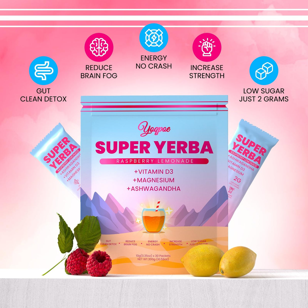 30 Servings Super Yerba Packets,Yerba Mate Instant Tea Powder，Super Yerba Raspberry Lemonade Flavor，Energy Boost,Mental Clarity and Gut Health by Ashwagandha, Prebiotics and Probiotics (1)