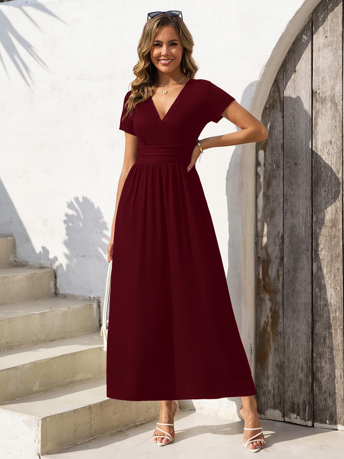 Gracyoga Womens Summer Wrap Christmas Dresses Fall Midi Smocked Swing Wine Red Dress Empire Waist Vintage V Neck High Waist Casual Long Sundress Dinner Outfit L