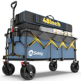 Sekey 48''L Collapsible Foldable Extended Wagon with 660lbs Weight Capacity, Heavy Duty 300L Folding Utility Garden Cart with Big All-Terrain Beach Wheels & Drink Holders. Blue&Grey