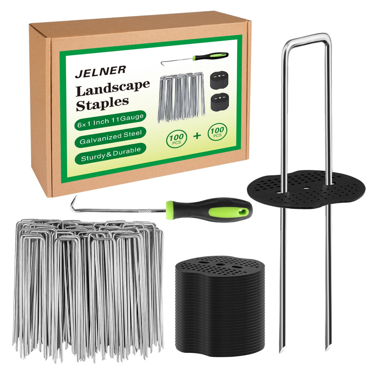 JELNER Garden Stakes,6 Inch 11 Gauge 100pcs Galvanized Landscape Staples + 100pcs Gaskets + 1Pick Hook, Tent Stakes Landscaping Fabric SOD Pins for Weed Fabric Barrier,Groud Cover,Fence