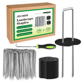 JELNER Garden Stakes,6 Inch 11 Gauge 100pcs Galvanized Landscape Staples + 100pcs Gaskets + 1Pick Hook, Tent Stakes Landscaping Fabric SOD Pins for Weed Fabric Barrier,Groud Cover,Fence