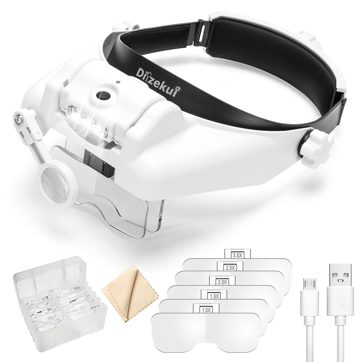 Dilzekui Headband Magnifying Glass with Light, Rechargeable Head Magnifying Glasses 1X to 14X, Magnifier Headset with 6 Detachable Lens, Hands Free Head Mount Magnifier for Close Work Reading Crafts