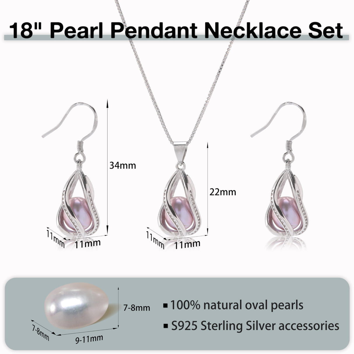 HENGSHENG Pearl Jewelry Set For Women S925 Sterling Silver Necklace & Earrings Set Freshwater Pearl Pendant Cage Set for Wedding Anniversary Prom Birthday Gift - Silvery Purple
