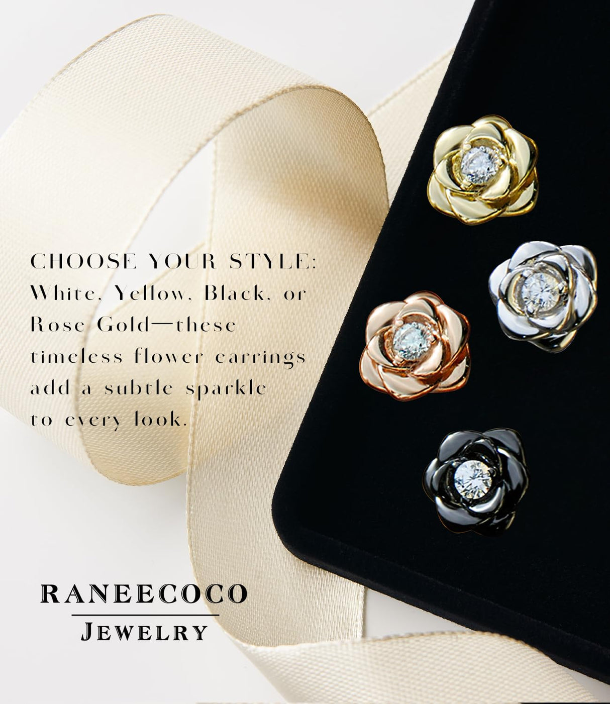 Black Gold Plated Sterling Silver Rose Flower Earring Studs, Hypoallergenic & Nickel Free Earrings for Women(9mm)