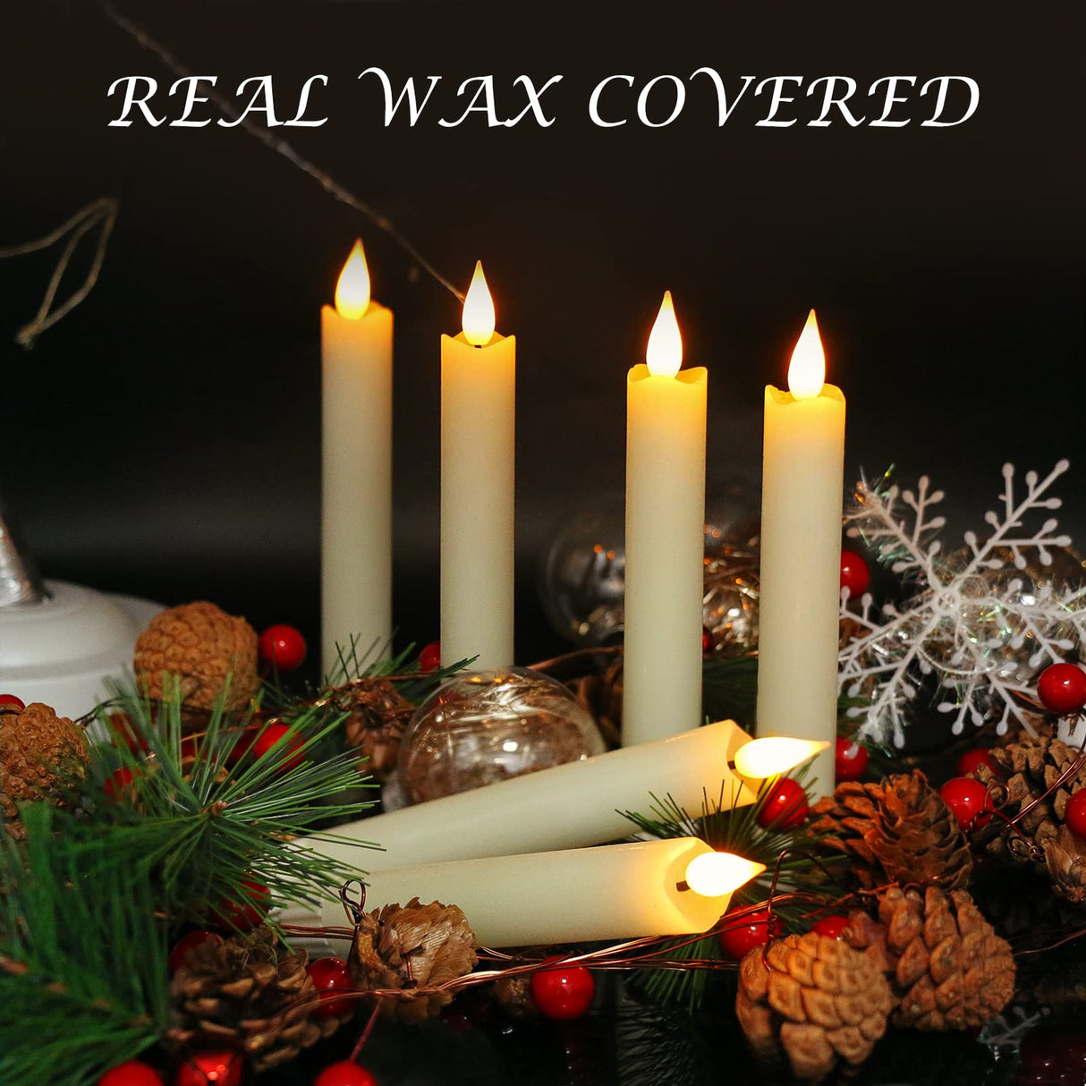 PChero Flameless Flickering Taper Candles with Remote Timer and Dimmer, 6.4 Inch Real Wax Ivory LED Candlesticks Battery Operated for Halloween Christmas Home Wedding Decor