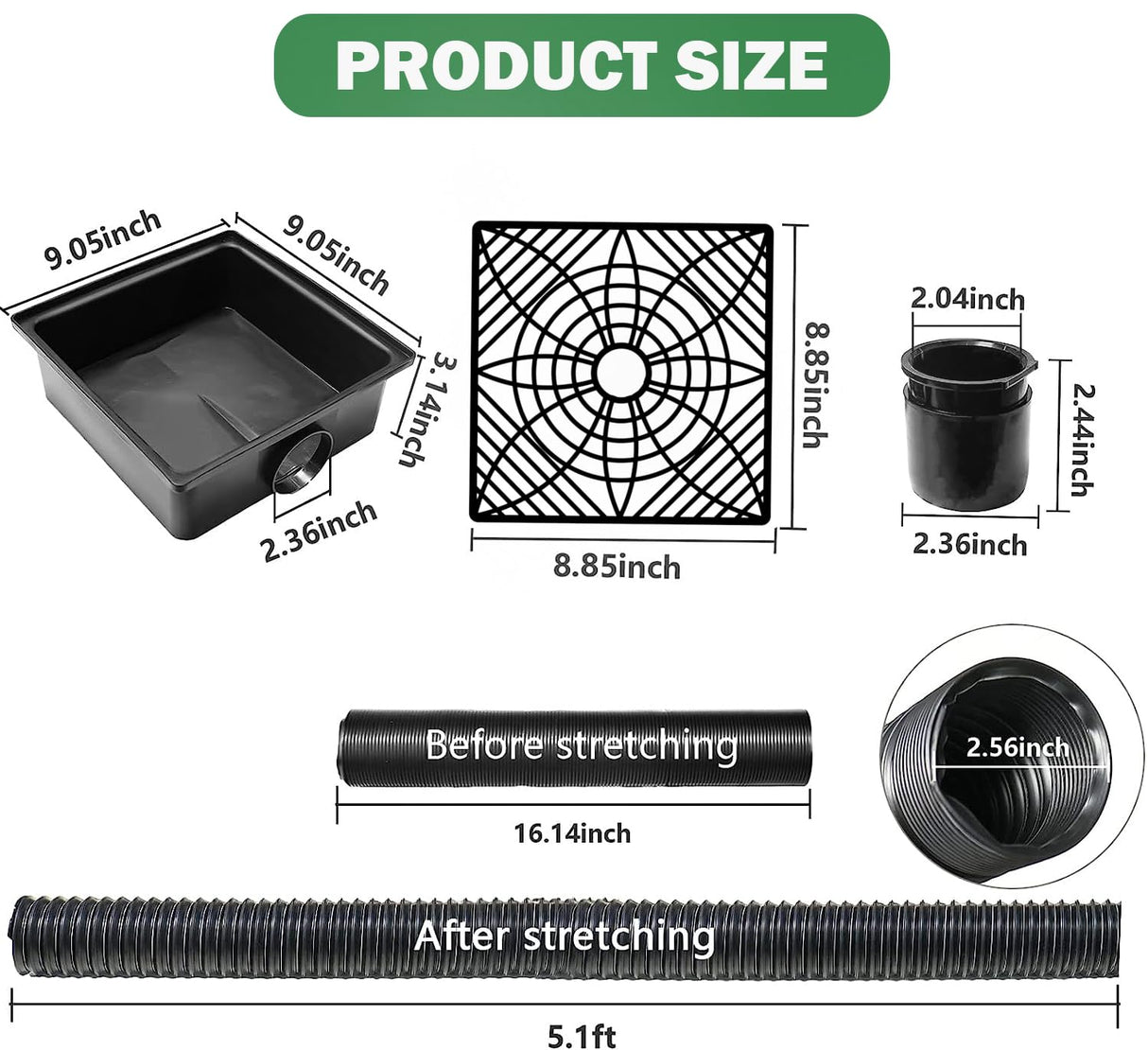 YOTODY Gutter Downspout Extensions,Catch Basin Low Profile Downspout Extender | No Deep Dig Catch Basin, Flexible Pipe Extension to 5.1ft, Protect House Foundation