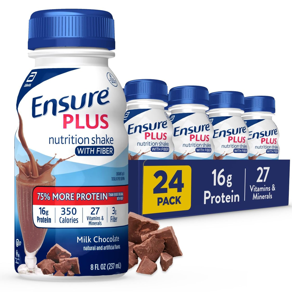 Ensure Plus Milk Chocolate Nutrition Shake With Fiber | Meal Replacement Shake | Ready to Drink | 16g Protein and 27 Vitamins and Minerals | 8 fl oz - 24 Pack